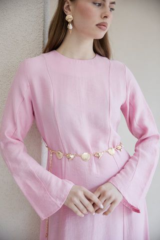 İstiridye Kemerli Elbise - Pembe
